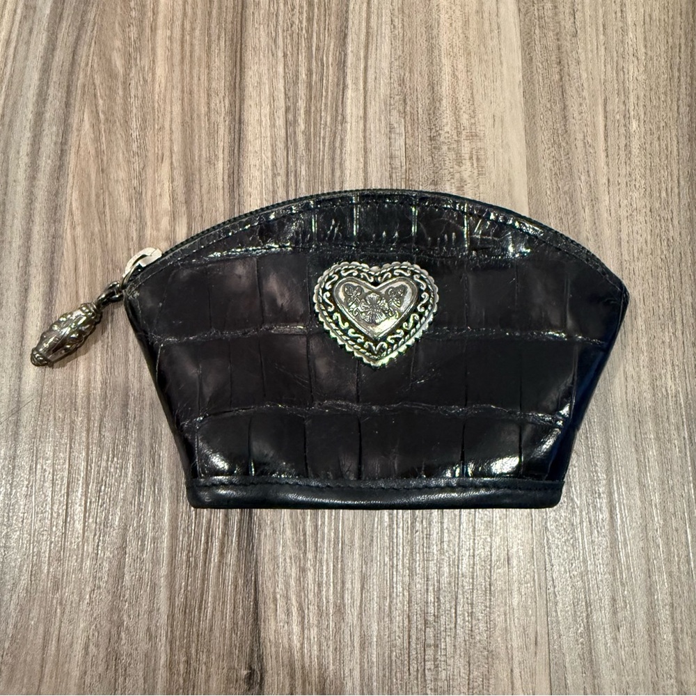 Brighton Black Croc-Embossed Coin Purse with Silver Heart Accent